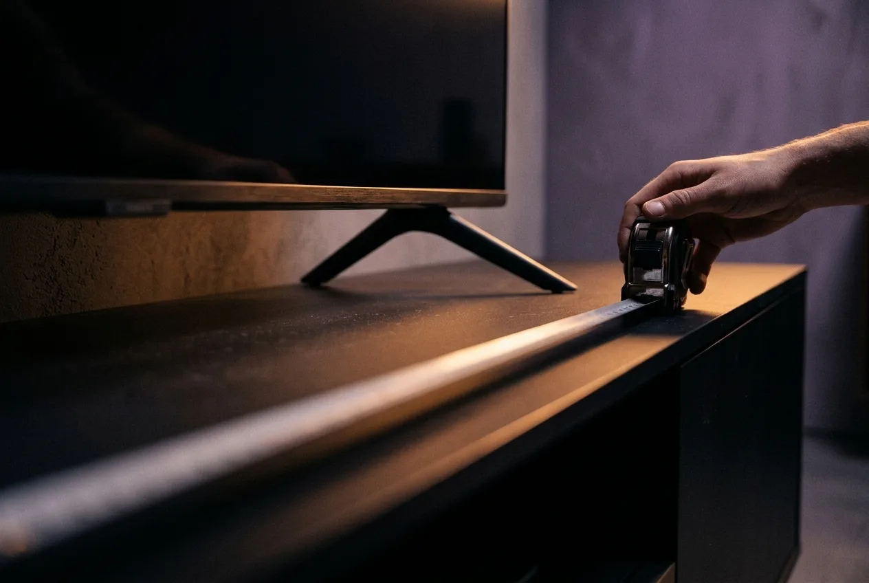 Iemand meet met een rolmaat de breedte van het tv-meubel onder de tv