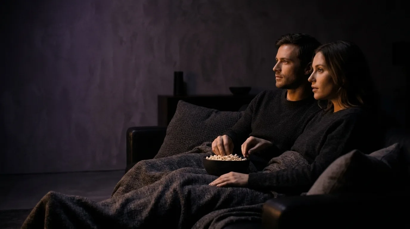 Een stel kijkt samen een film op de bank met een kom popcorn
