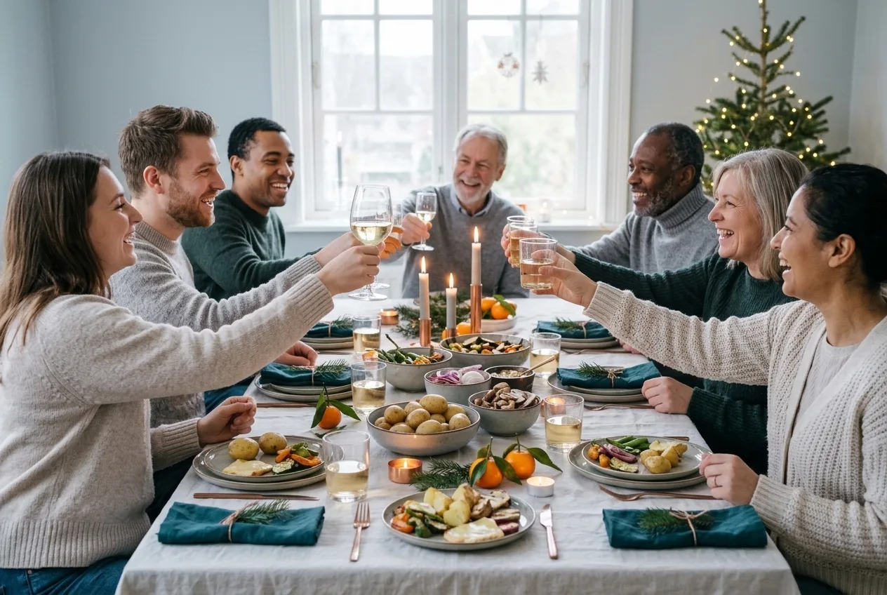 Gezelschap van acht personen rond een feestelijk gedekte tafel