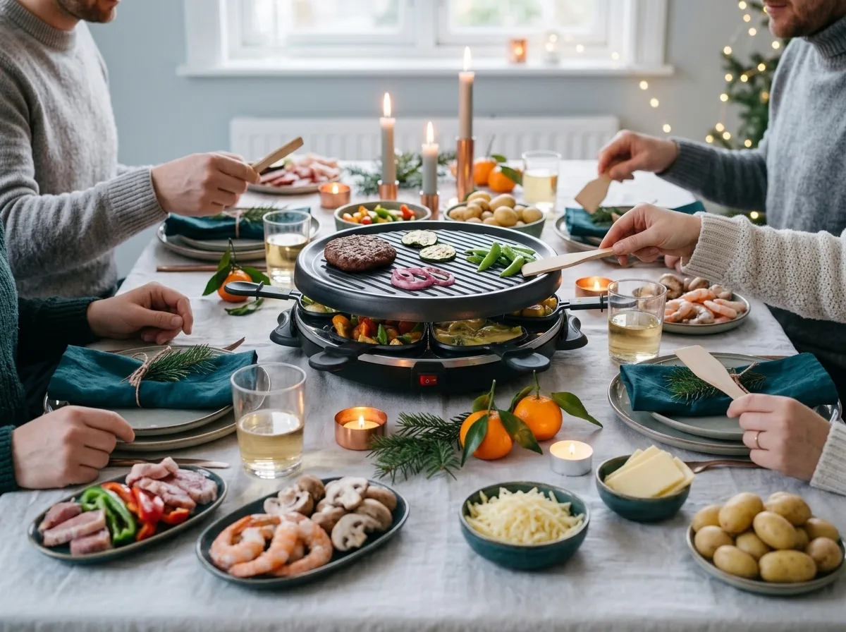 Princess Raclette 8 Oval Grill Party op een lange gedekte tafel
