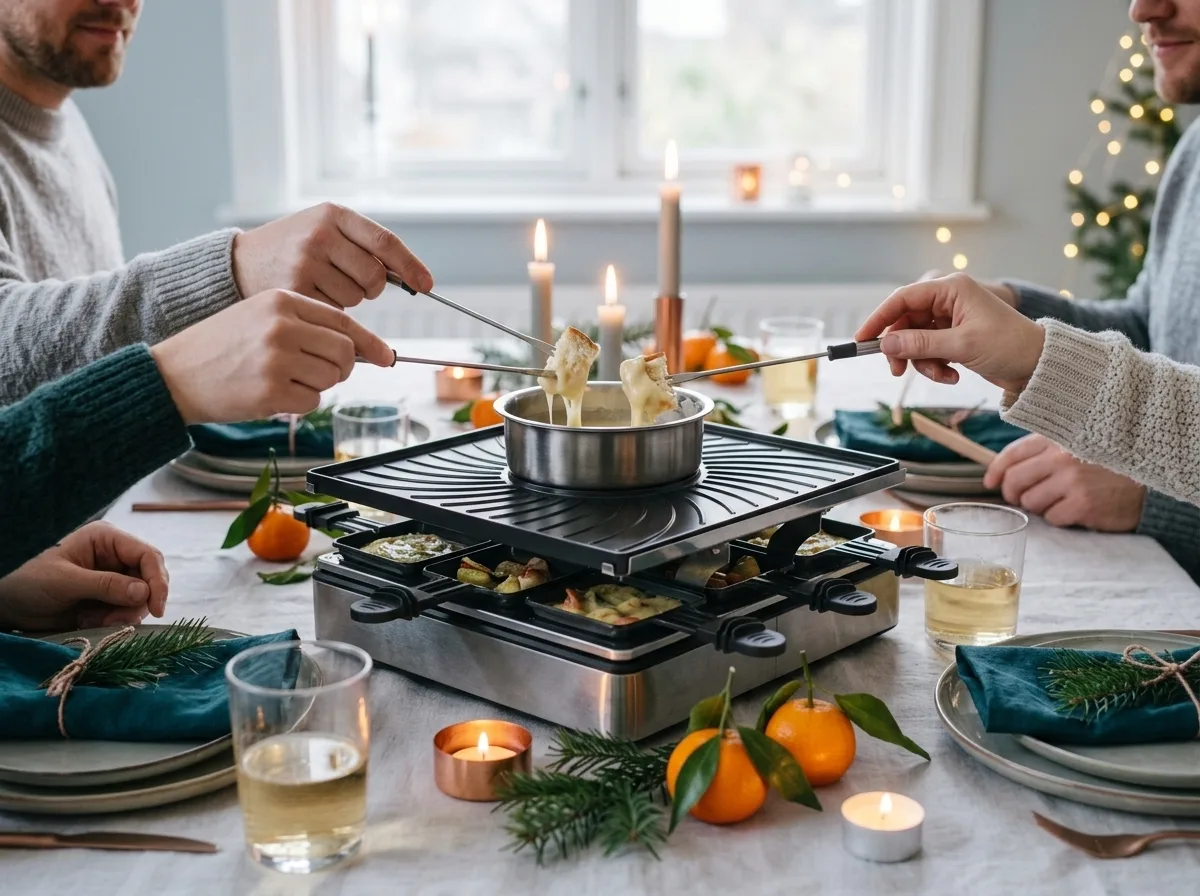 Fonduevorken met brood in de fonduepan van een raclette-fondueset