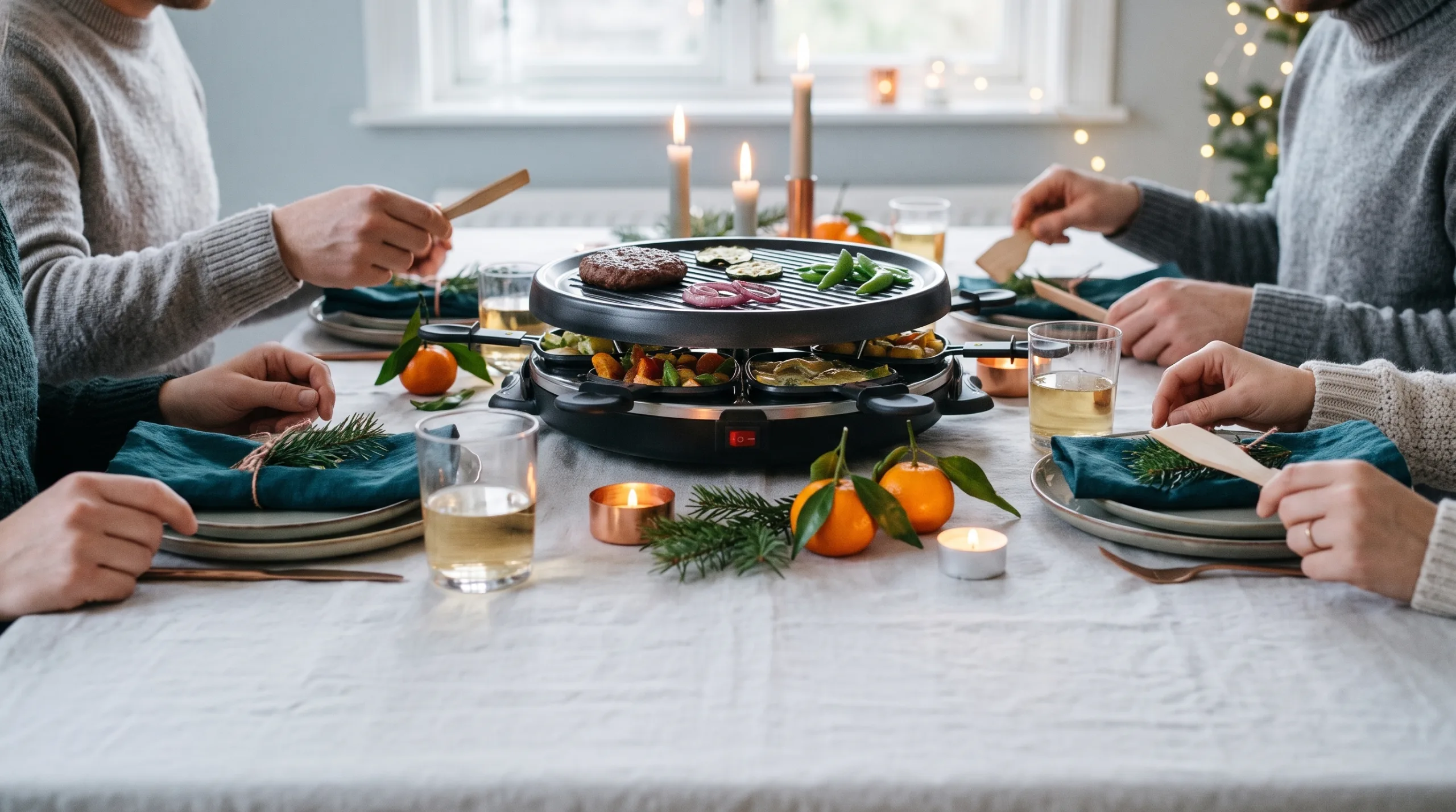 Raclettegrill in gebruik op een feestelijk gedekte tafel met vrienden