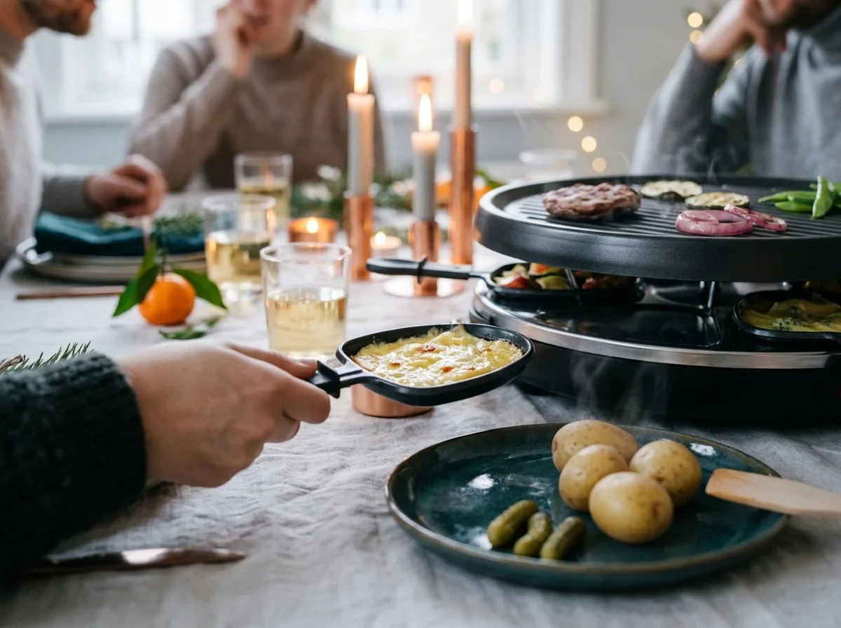 Gesmolten kaas in een raclettepannetje onder de bakplaat