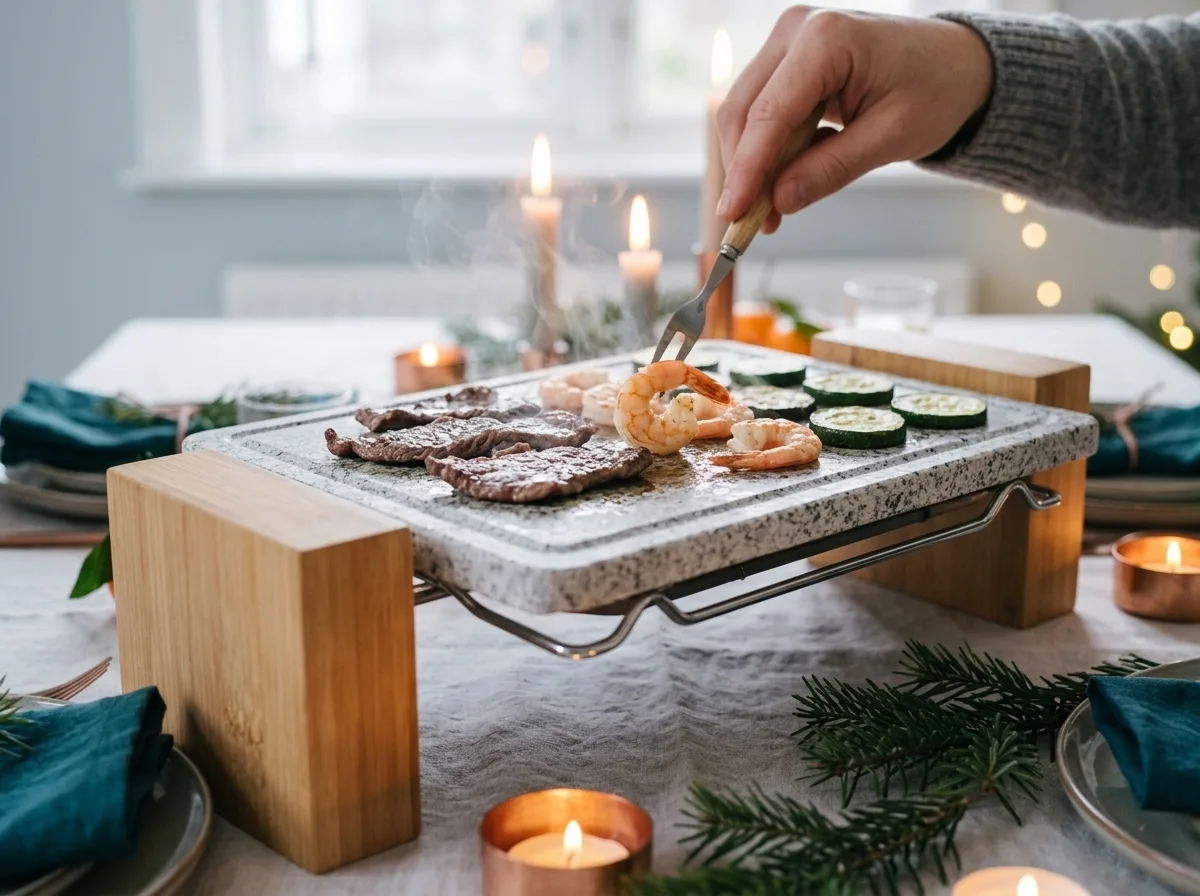 Vlees, garnalen en groente op de steenplaat van een steengrill