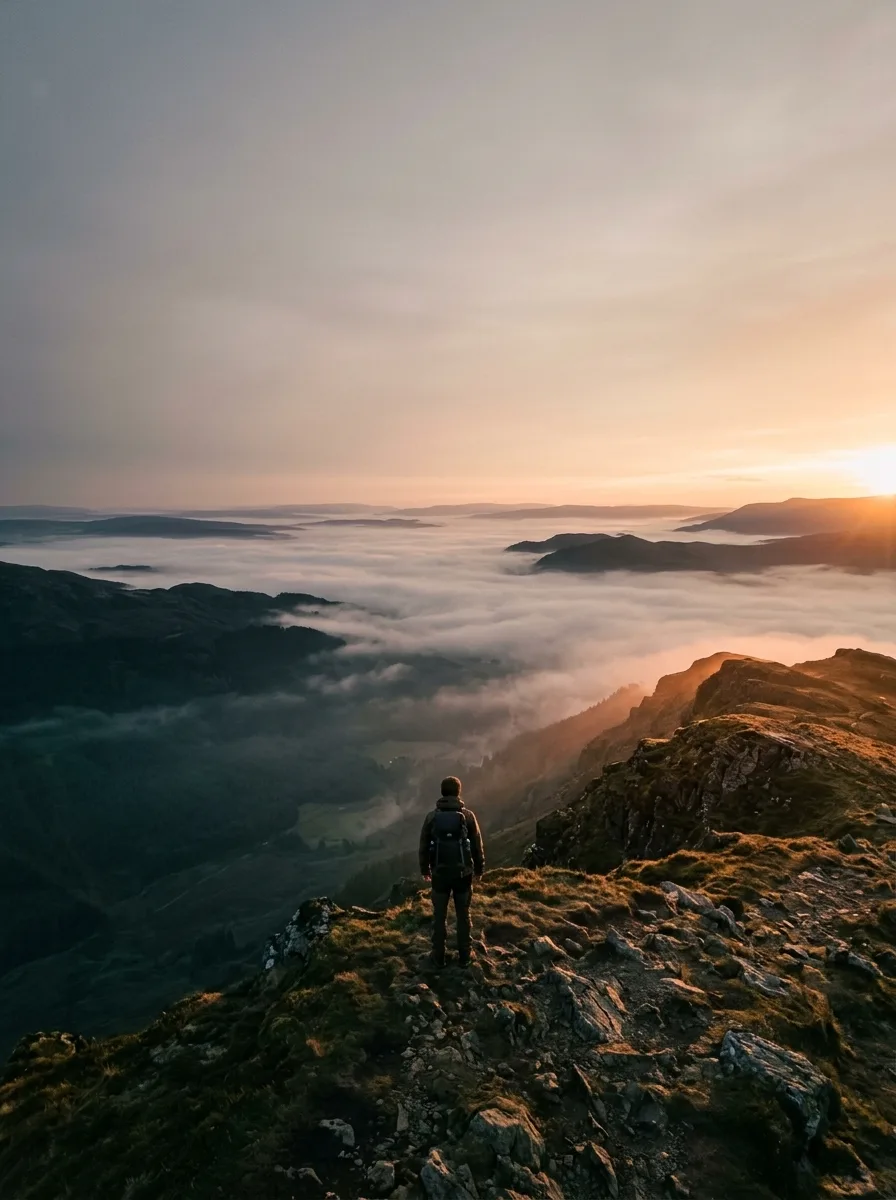 Wandelaar op een bergkam bij zonsopkomst, van bovenaf gezien boven een mistige vallei
