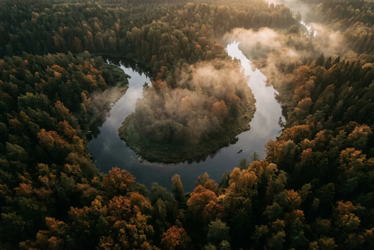 Luchtfoto recht van boven van een kronkelende rivier door een herfstbos met mist