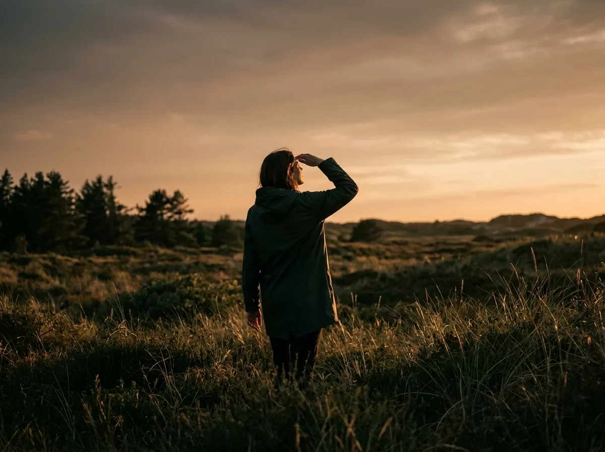 Vrouw in een weiland kijkt omhoog naar de lucht en houdt alles binnen zicht