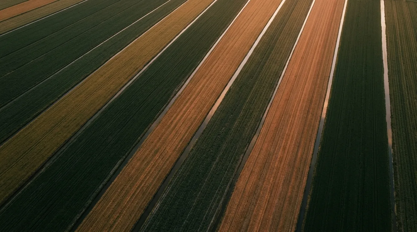Abstracte luchtfoto van stroken akkerland en sloten in een Nederlandse polder