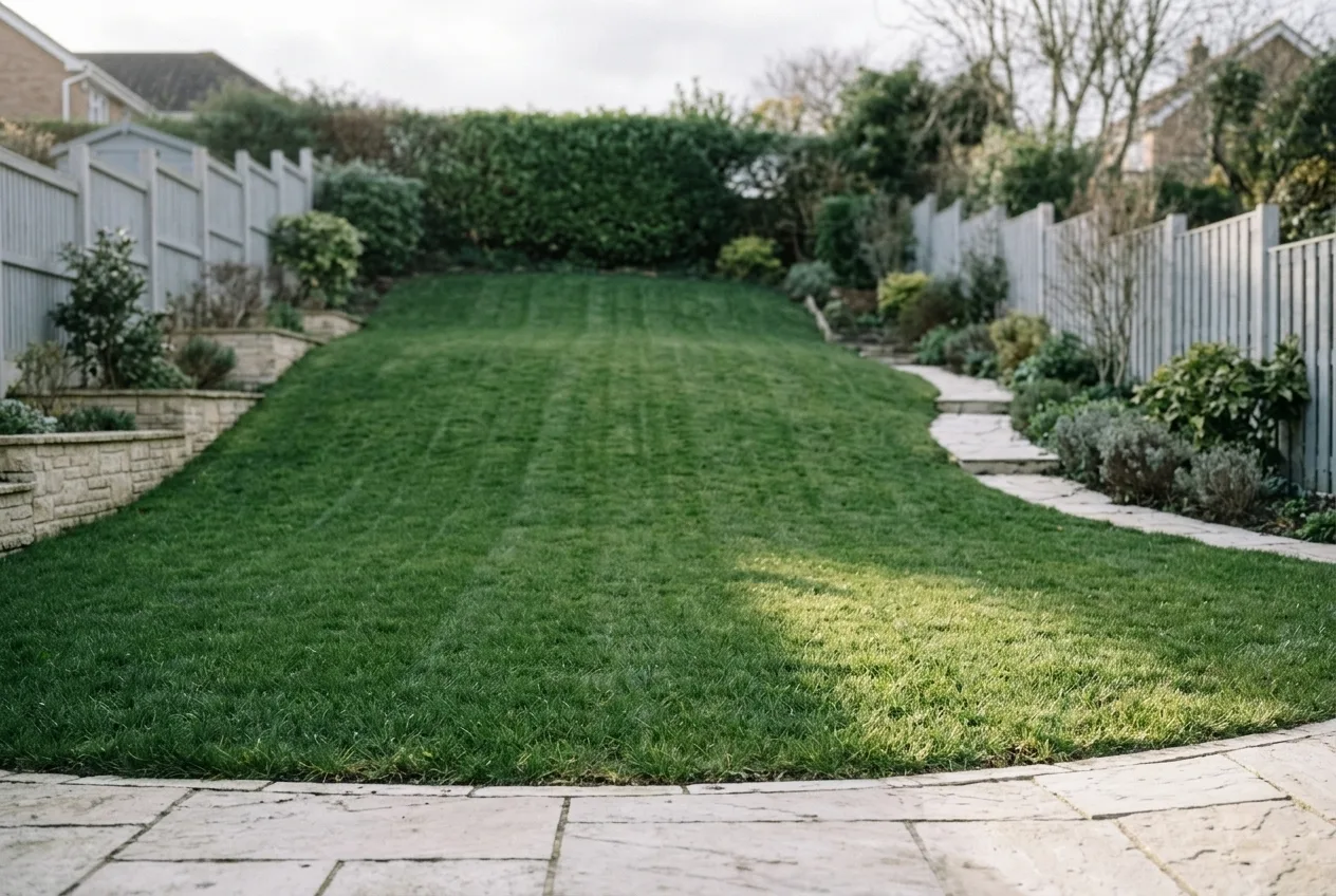 Steil aflopend gazon in een tuin met terras onderaan