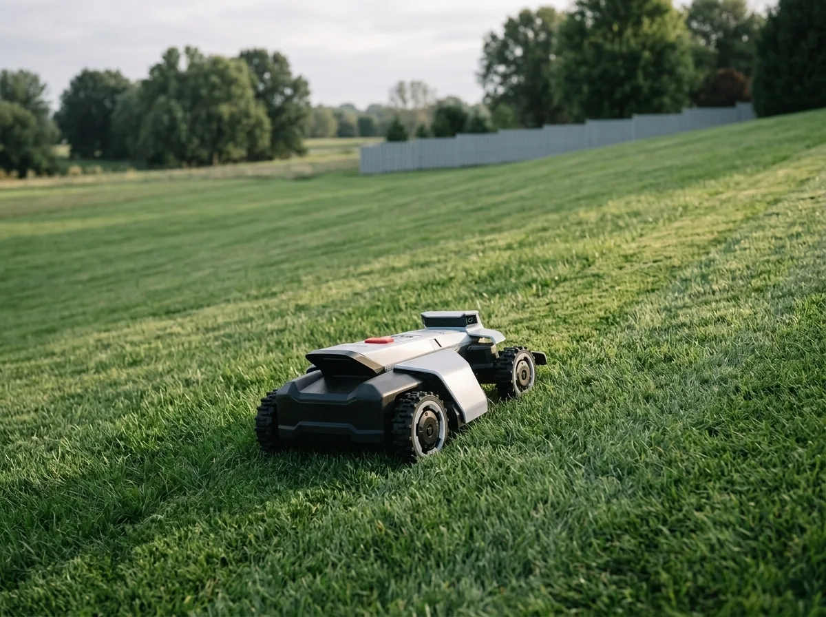 Segway Navimow X420 robotmaaier op een groot, steil grasveld