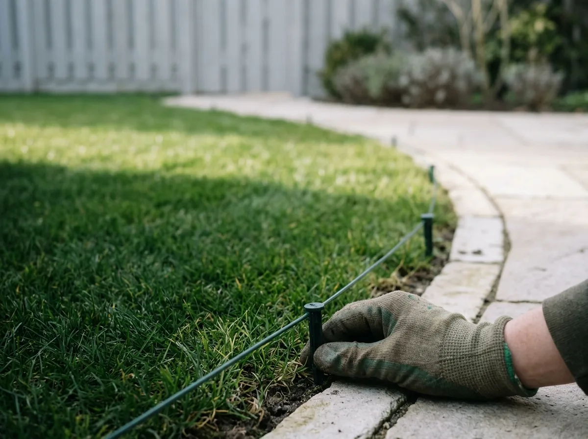 Perimeterdraad die met pinnen langs de rand van een gazon in het gras wordt vastgezet