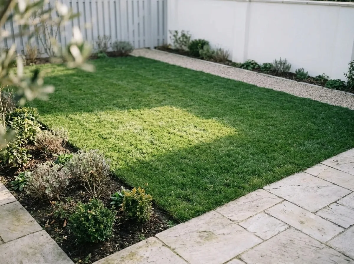 Strak afgebakend gazon met borders, terras en grindpad in een achtertuin