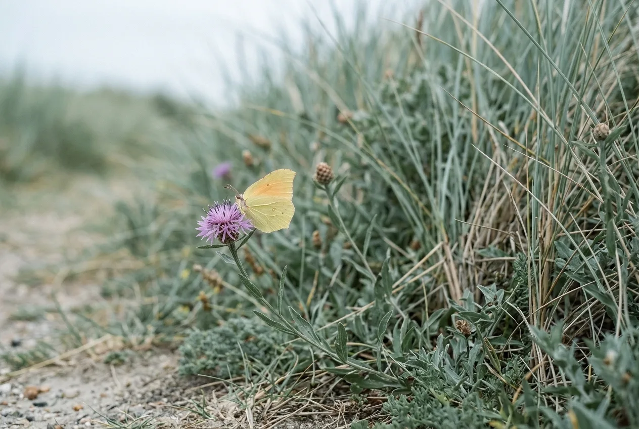 Citroenvlinder op een bloem langs een duinpad