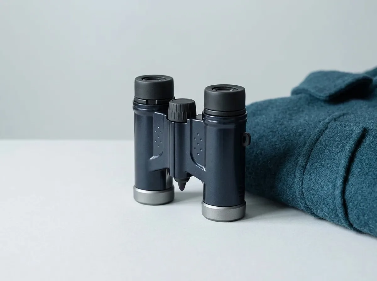 Compacte Pentax UD 9x21 verrekijker naast de rand van een jaszak