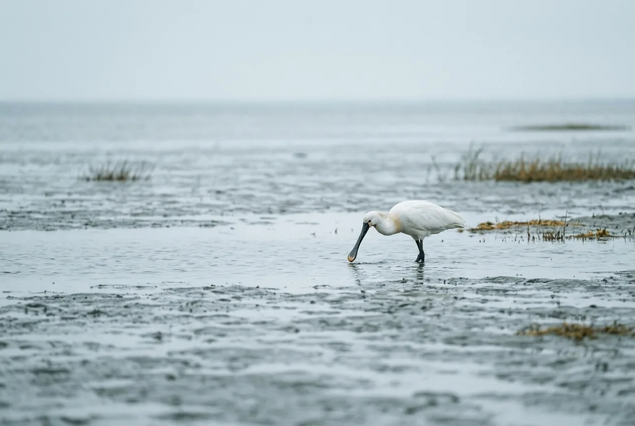 Lepelaar die foerageert in het ondiepe water van de Waddenzee