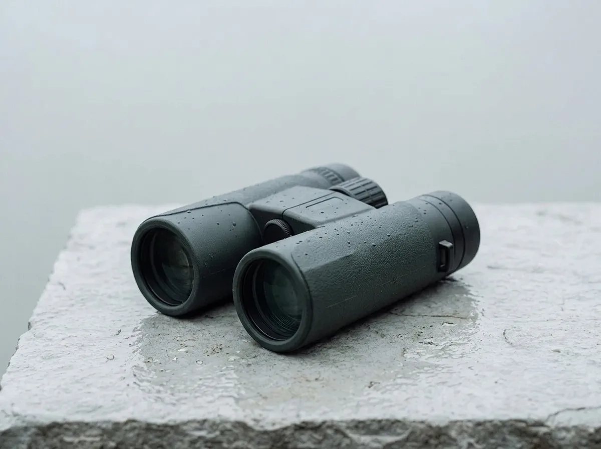 Vortex Triumph HD 10x42 verrekijker met waterdruppels op een grijze steen