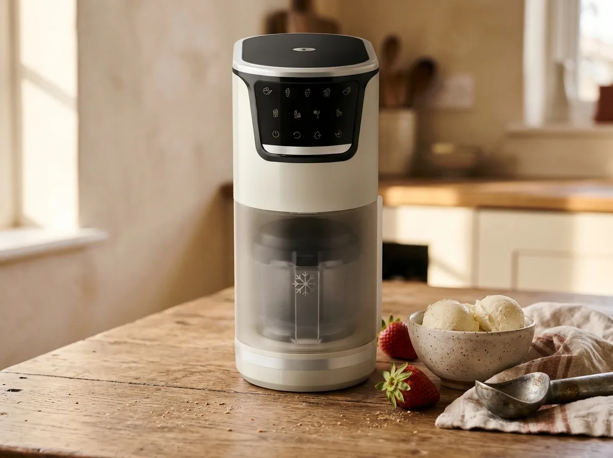 Tefal Dolci ijsmachine op het aanrecht met een kom vanille-ijs