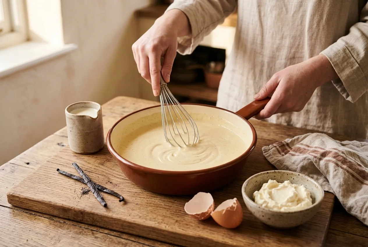 Vanillebasis voor ijs wordt geklopt in een pan