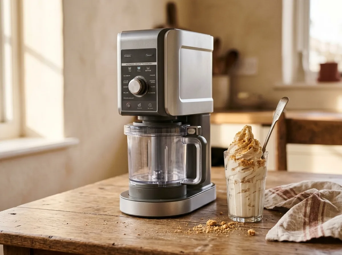Ninja Creami Deluxe met een glas softijs