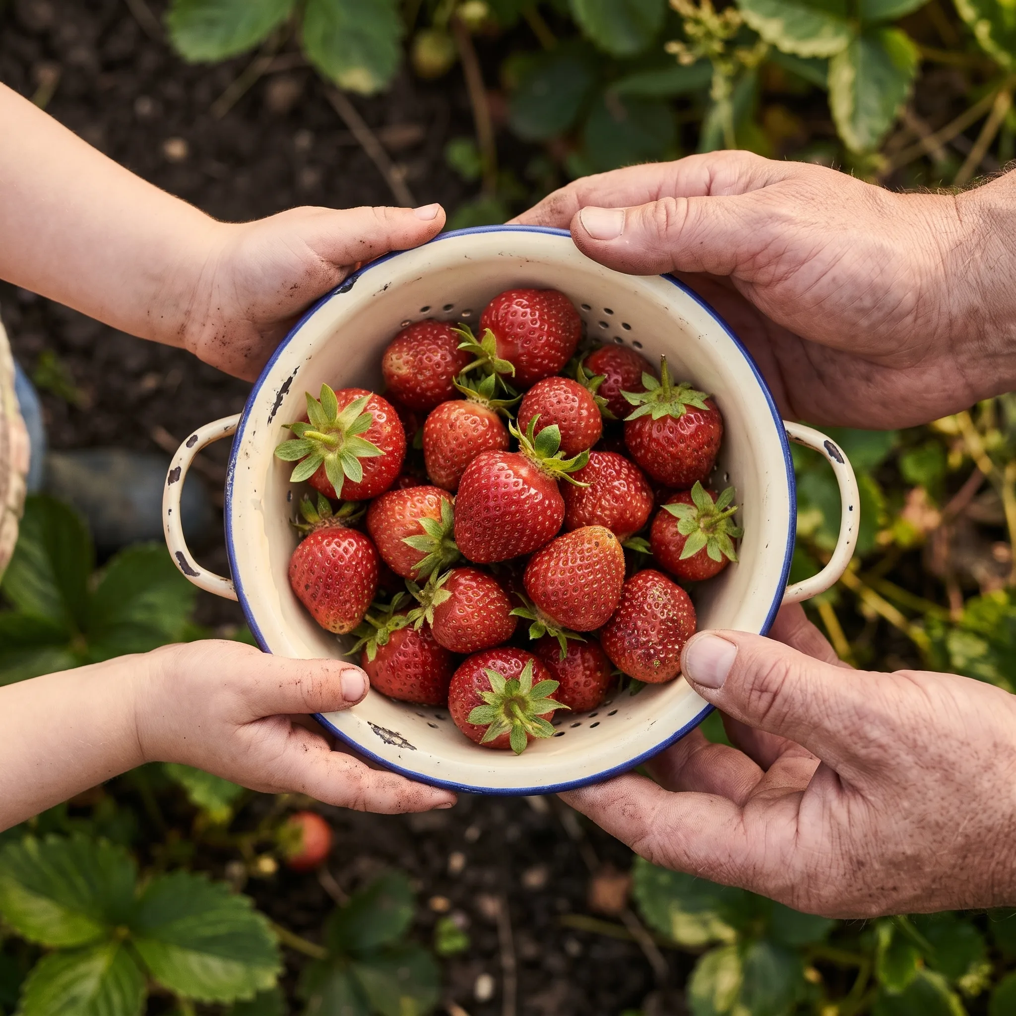 Handen met vers geplukte aardbeien uit de tuin