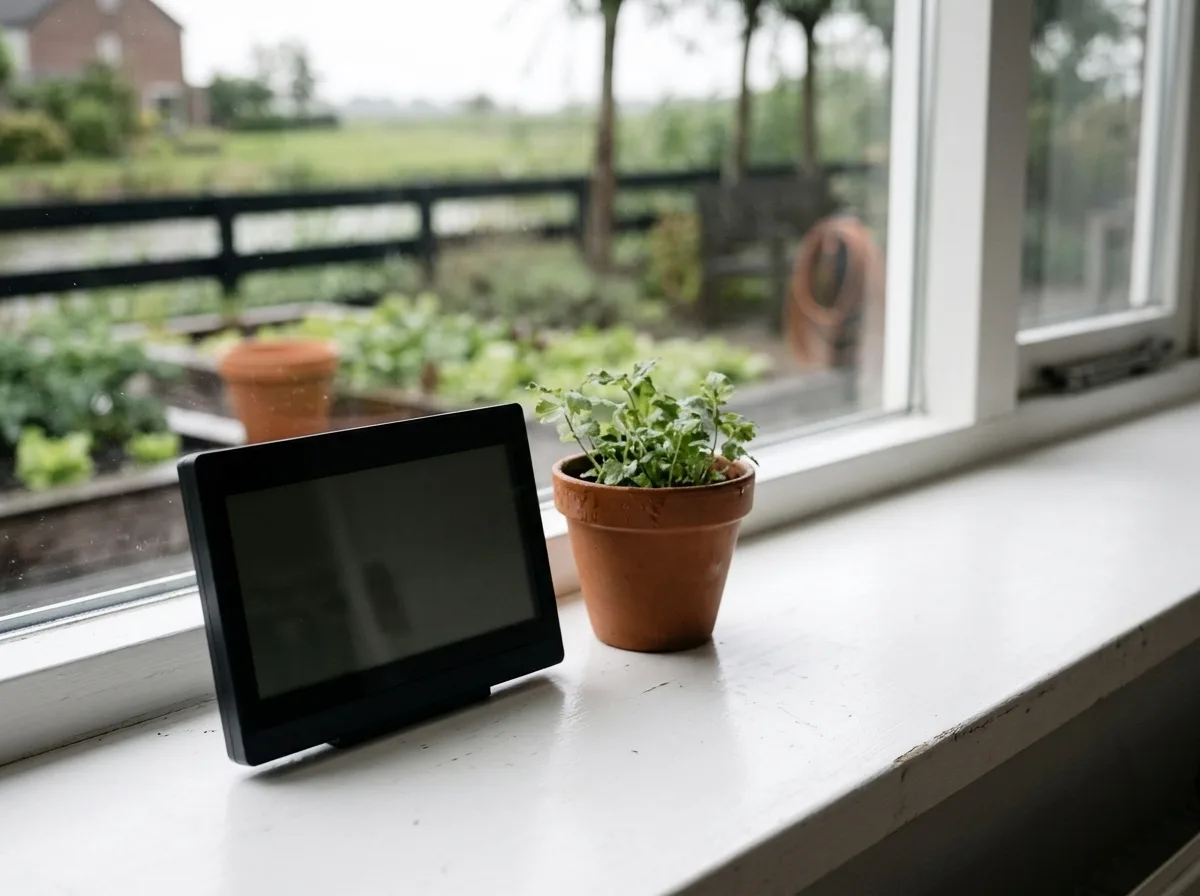 Alecto WS-2300 weerstation op een vensterbank in de keuken