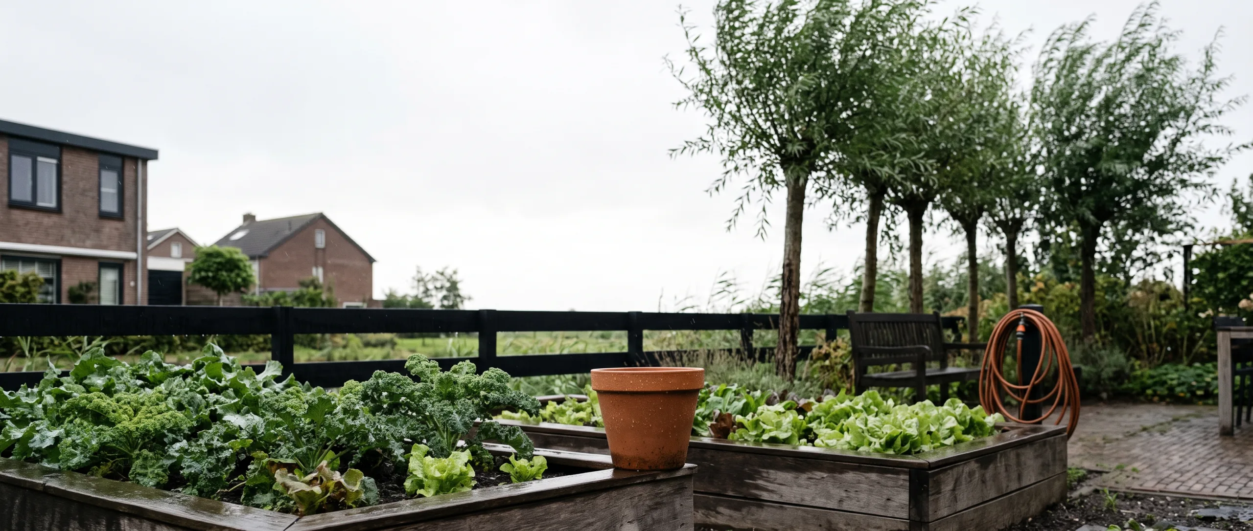 Moestuin achter een huis op een vroege ochtend na regen, met bewolkte lucht