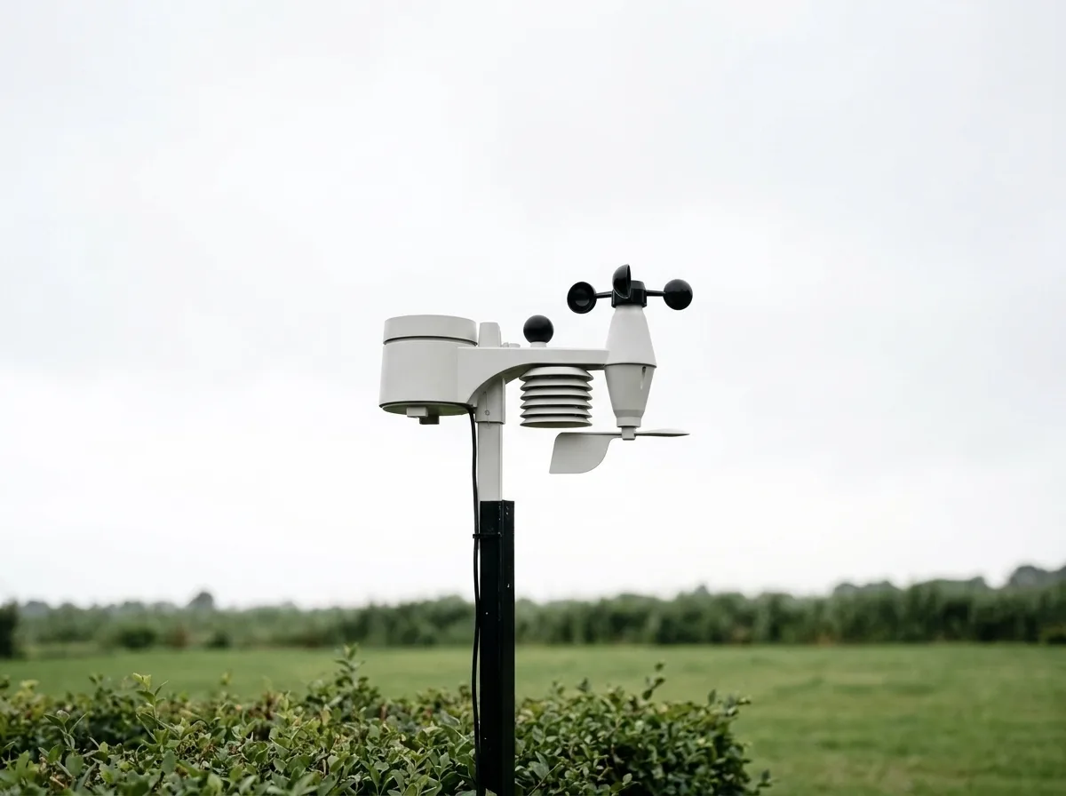 Buitensensor van het Bresser 8-in-1 weerstation op een paal in de tuin