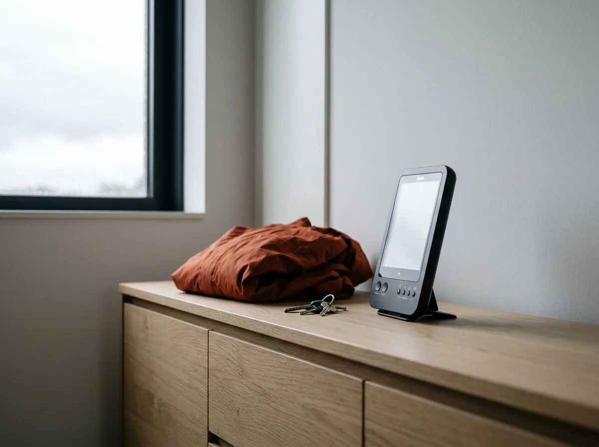 Alecto WS-4700 weerstation op een dressoir in de gang