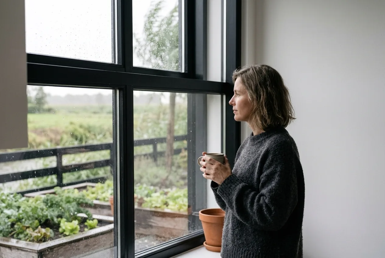 Vrouw met een mok kijkt door het raam naar de regen in de tuin