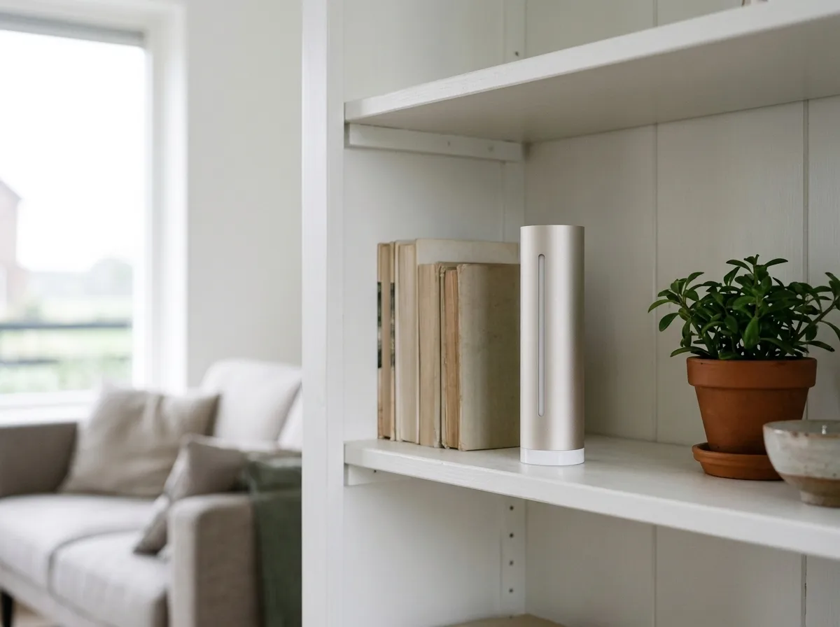 Netatmo Slim Weerstation op een boekenplank in de woonkamer