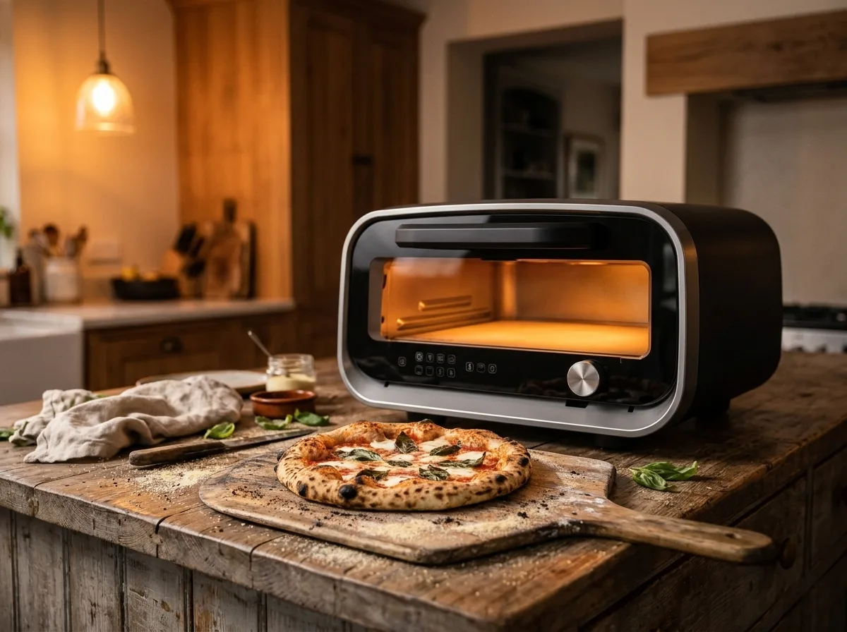 Ooni Volt 2 elektrische pizzaoven op een keukeneiland met een gebakken pizza
