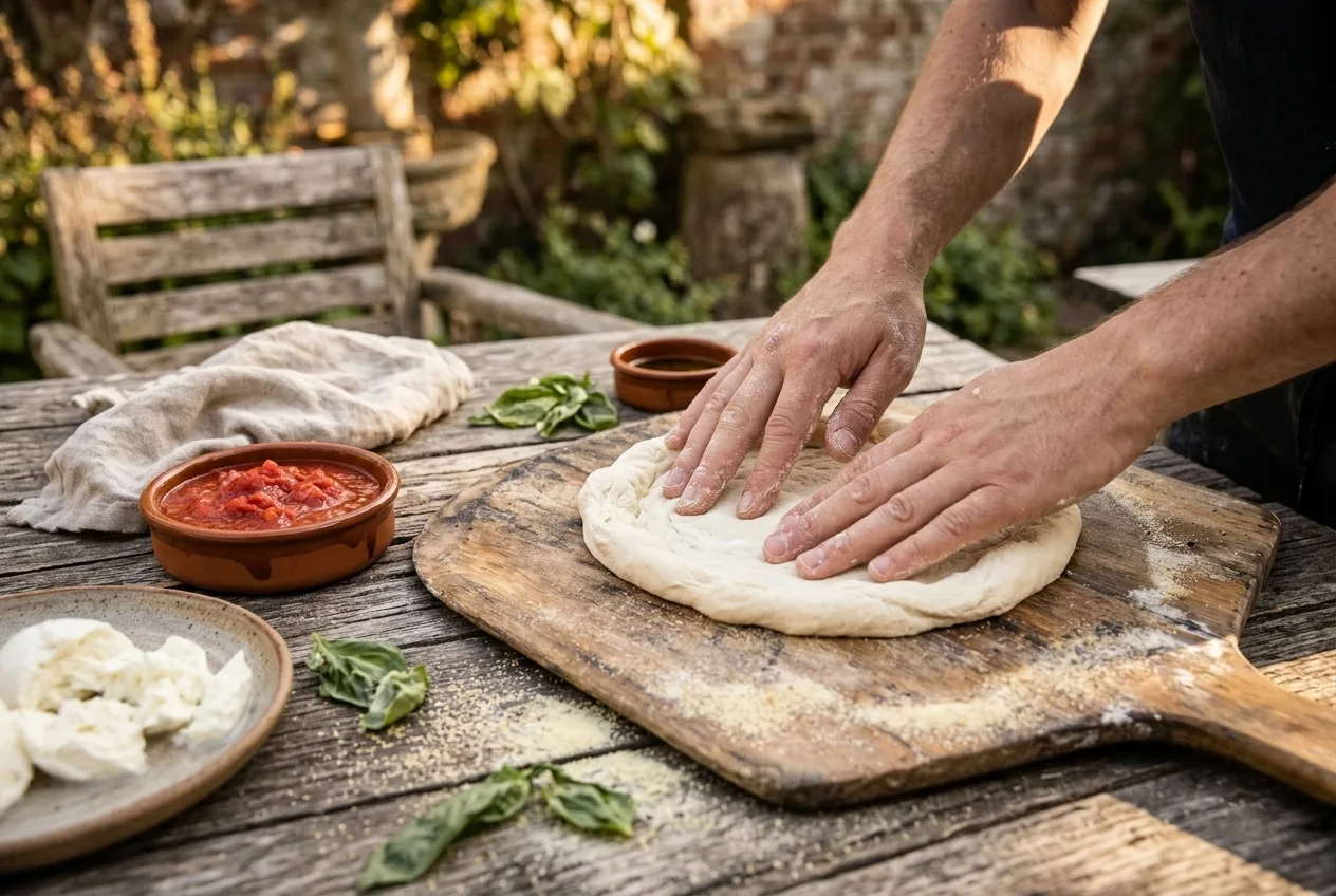 Handen rekken een bal pizzadeeg uit op een met griesmeel bestoven plank
