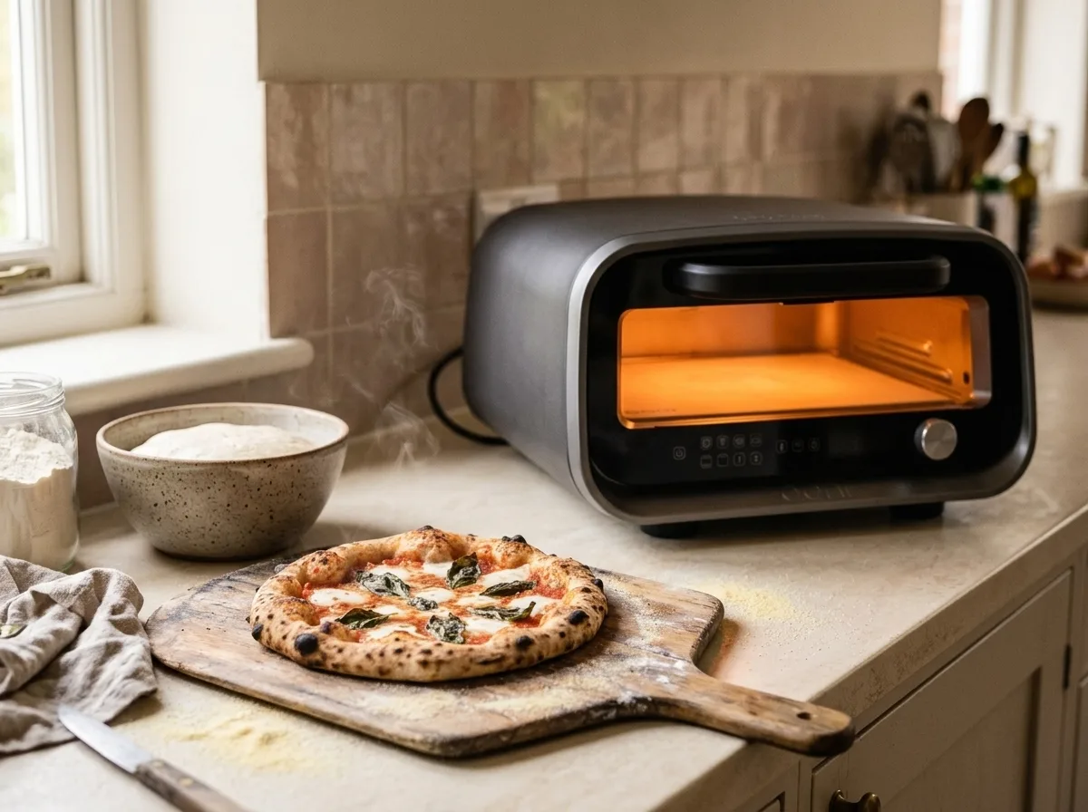 Ferrari Delizia pizzaoven op het aanrecht met een versgebakken pizza