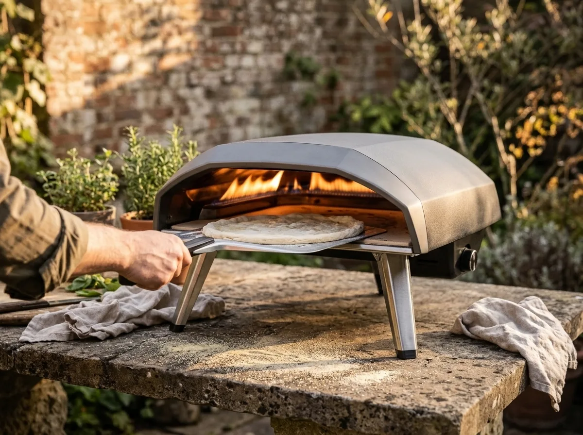 Ooni Koda 2 gasoven op het terras terwijl een pizza erin wordt geschoven