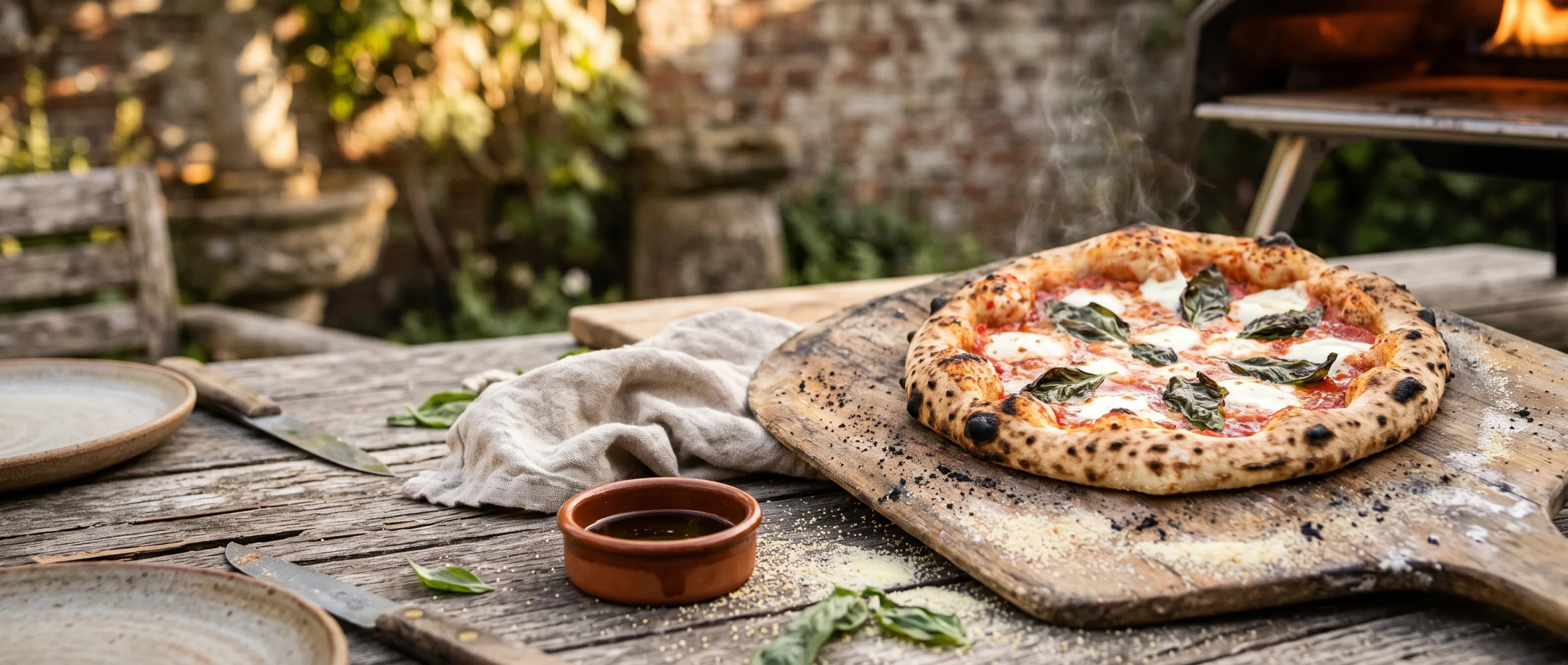 Versgebakken pizza napoletana met opgebolde, zwart gevlekte rand op een houten schep