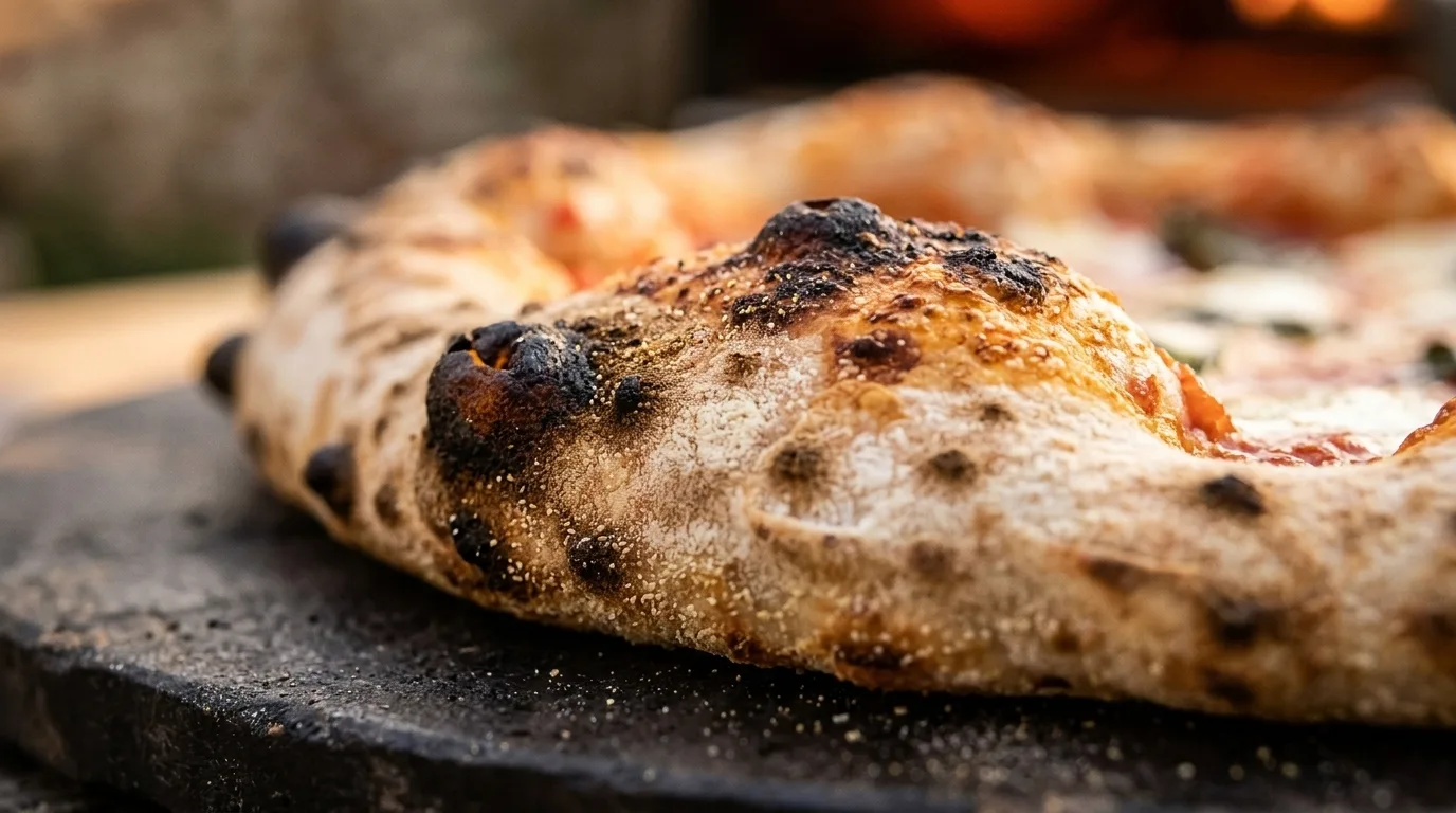 Close-up van een opgebolde pizzarand met zwarte vlekjes