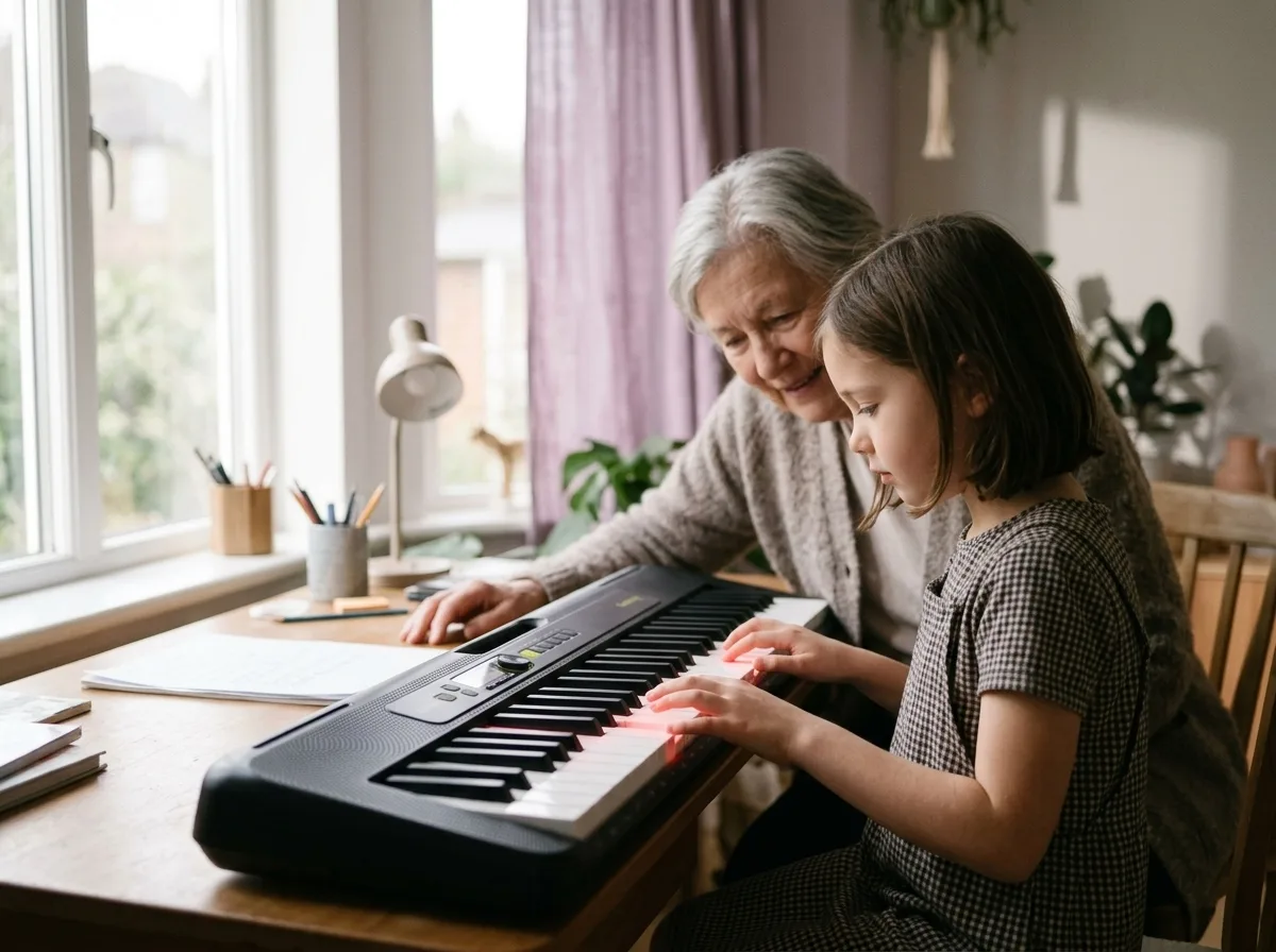Meisje leert spelen met oplichtende toetsen, grootouder kijkt mee