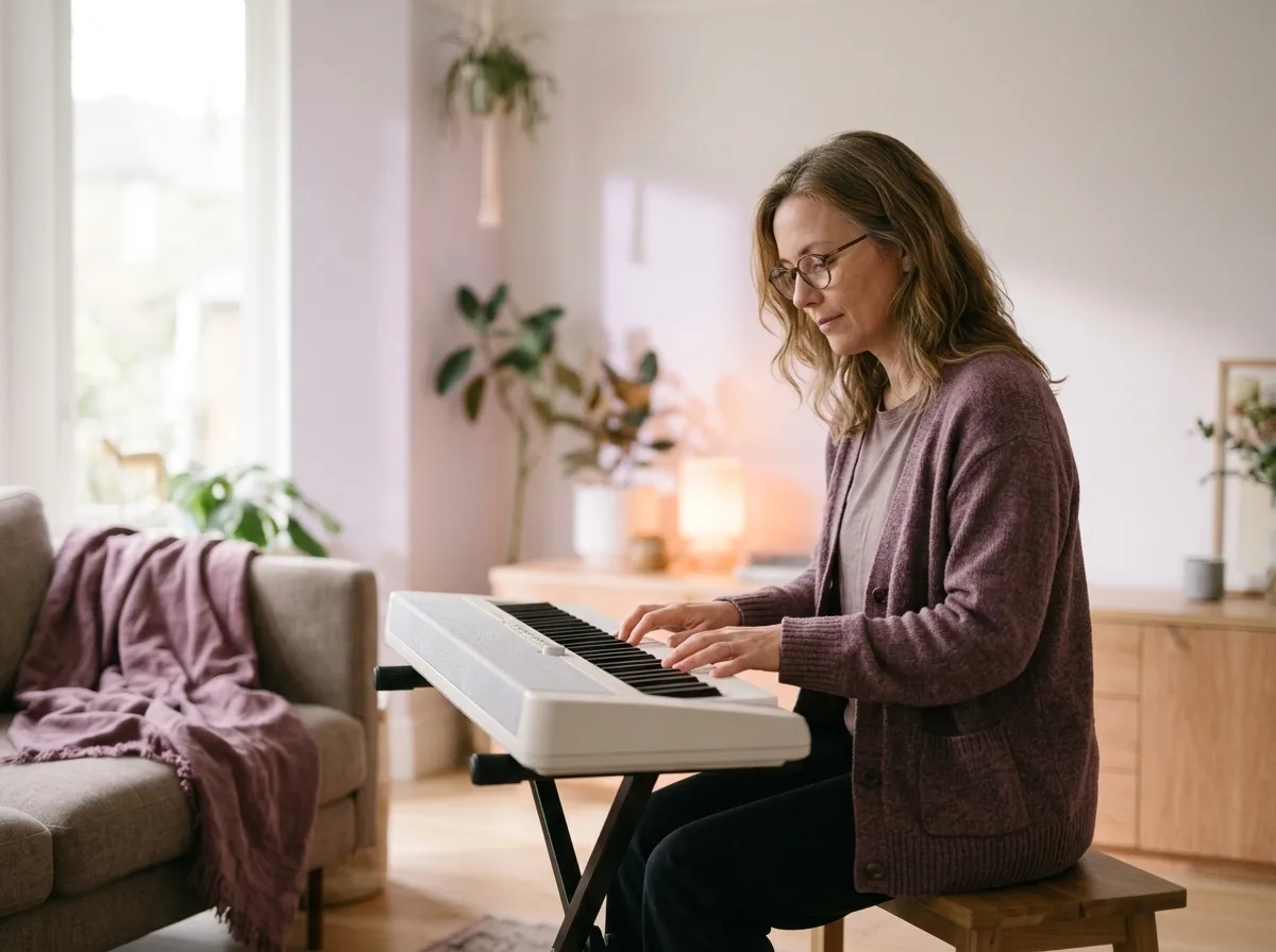 Volwassene speelt weer piano op een keyboard naast de bank
