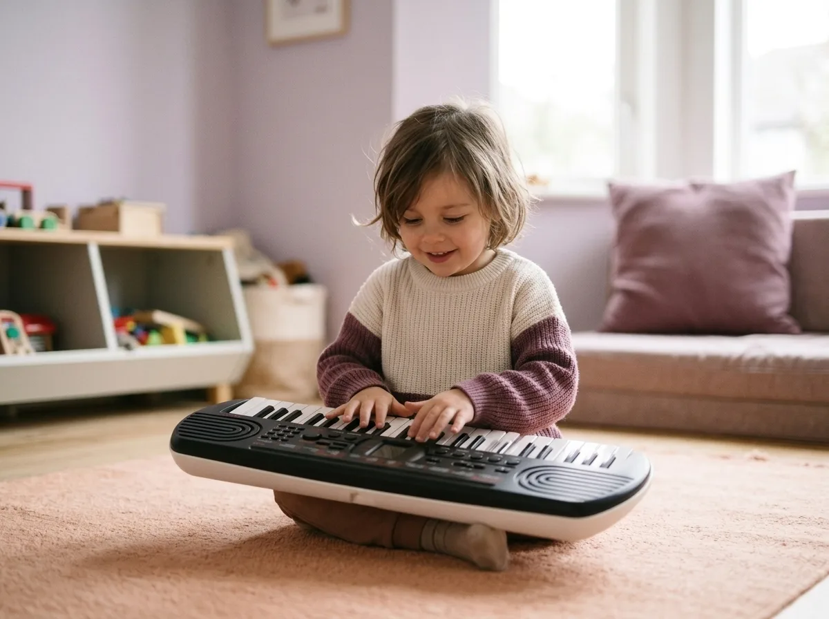 Jong kind speelt op een klein keyboard op de kinderkamer