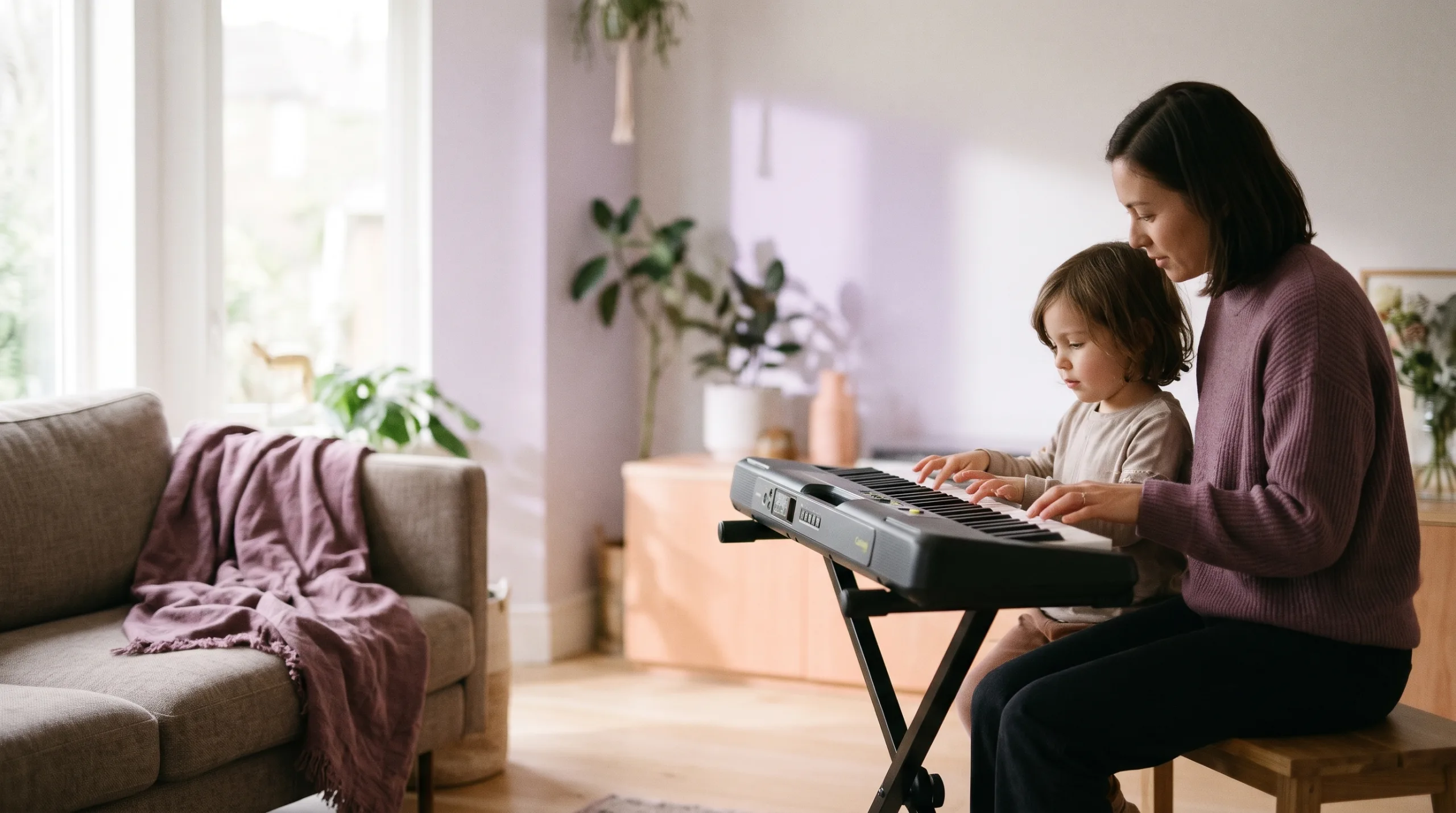 Ouder en kind spelen samen op een keyboard in de woonkamer