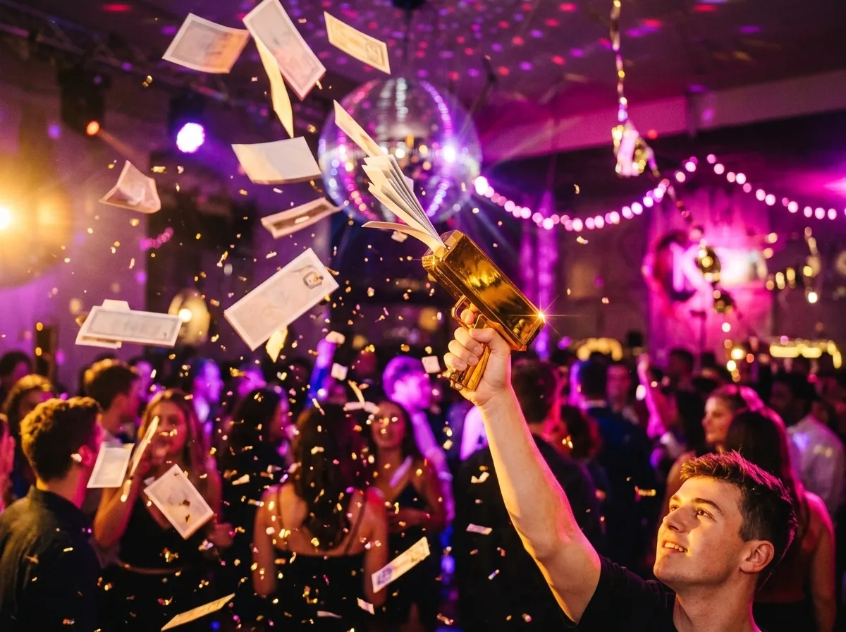 Clubavond met money gun die speelbiljetten boven de dansende menigte schiet