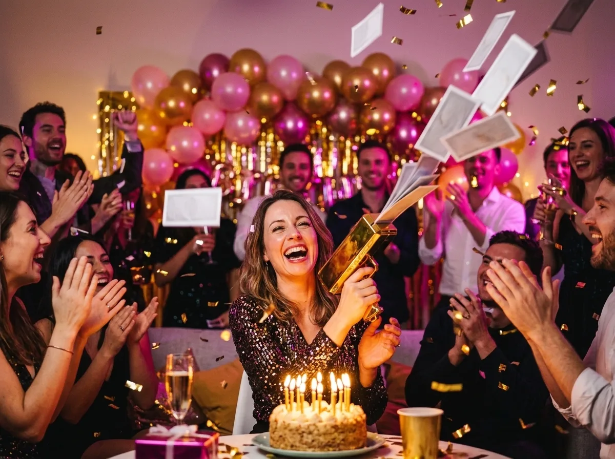 Verjaardagsfeest waar speelbiljetten uit de money gun over de taart regenen