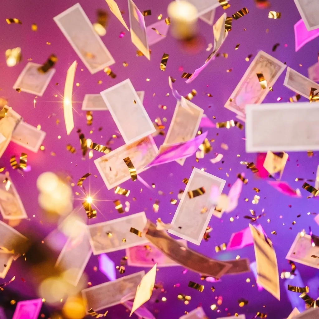 Zwevende speelbiljetten en gouden confetti op een roze-paarse achtergrond