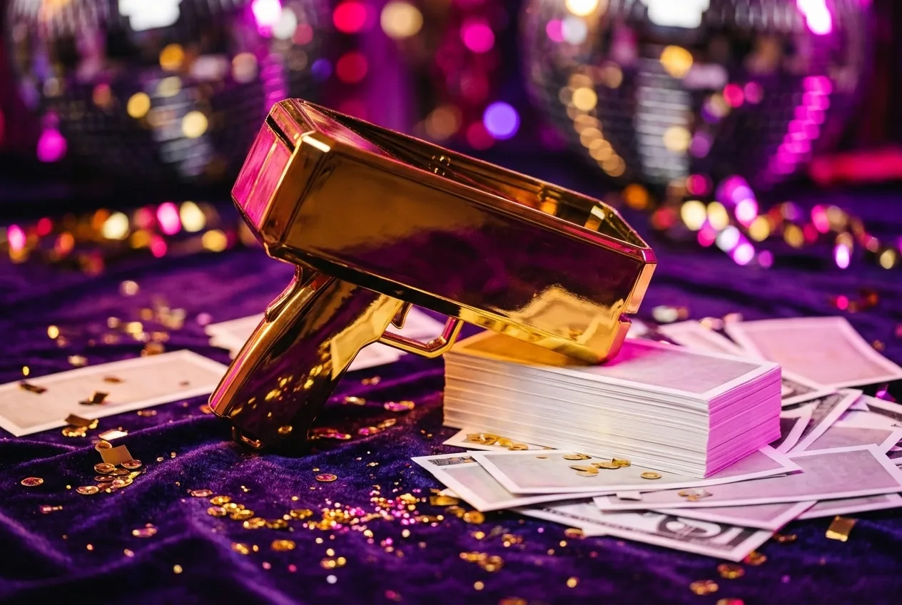 Gouden money gun met een stapel speelbiljetten op paars fluweel
