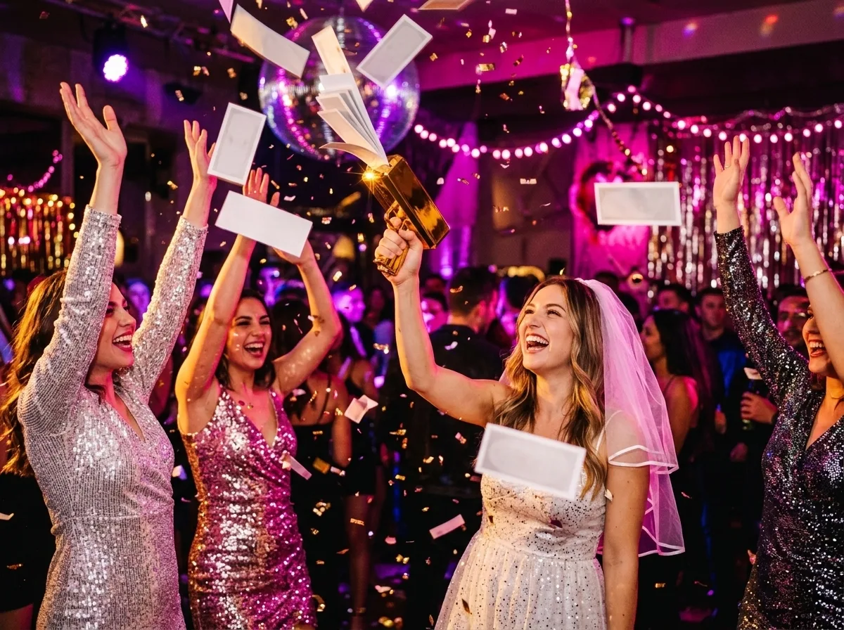 Vrijgezellenfeest met bruid die speelbiljetten de lucht in schiet met de money gun
