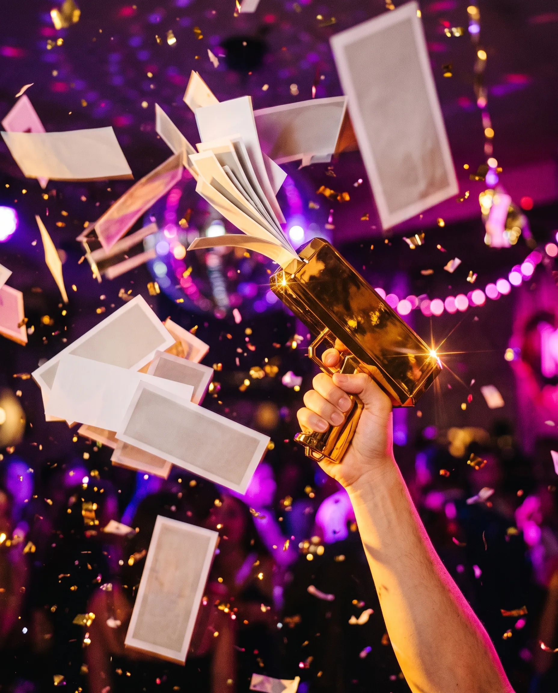 Gouden money gun omhoog gehouden terwijl een regen van speelbiljetten eruit vliegt