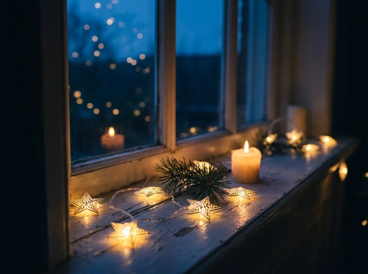 Sterrenslinger met warmwitte sterretjes op een vensterbank
