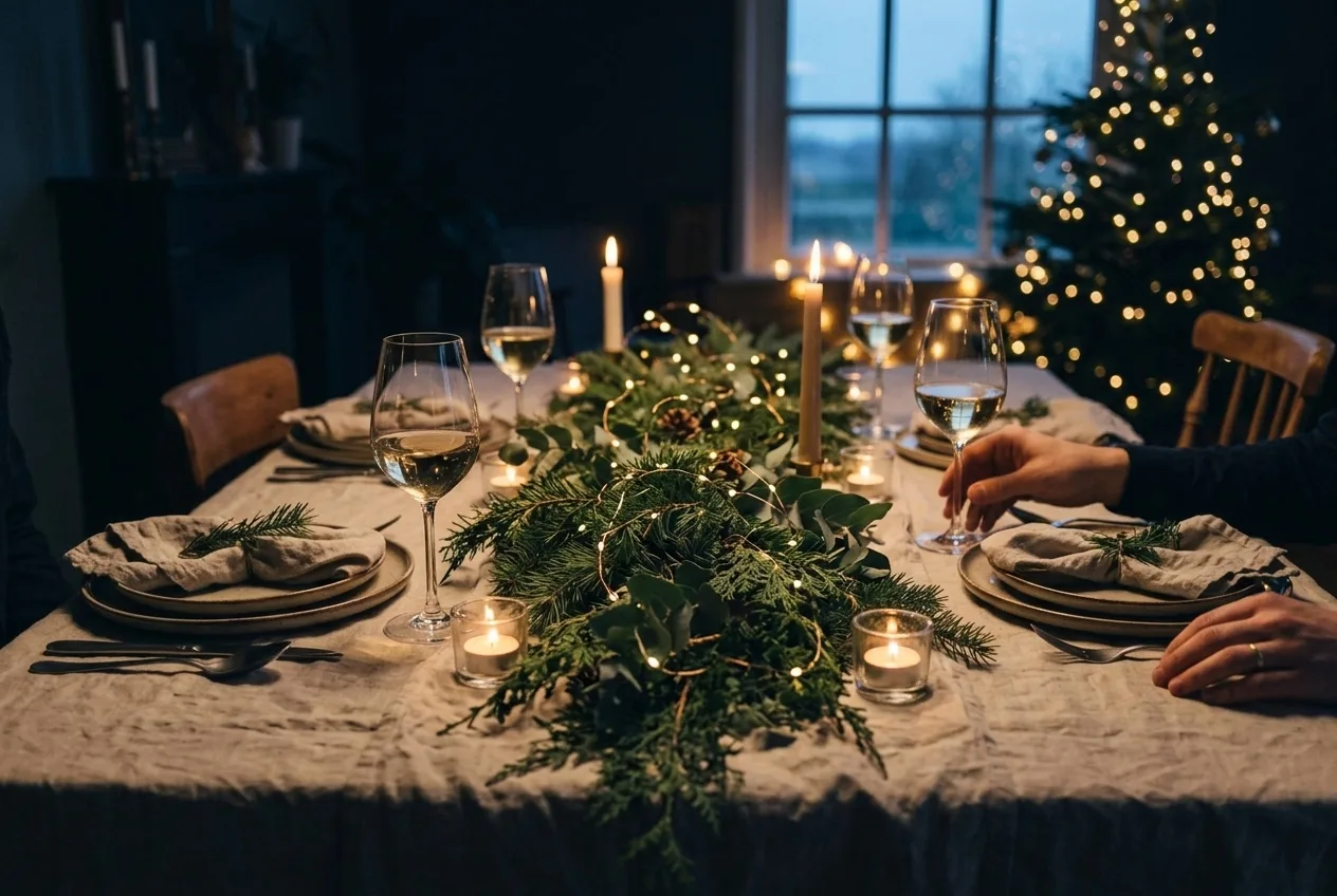 Gedekte kersttafel met lichtsnoer door de groene tafelloper