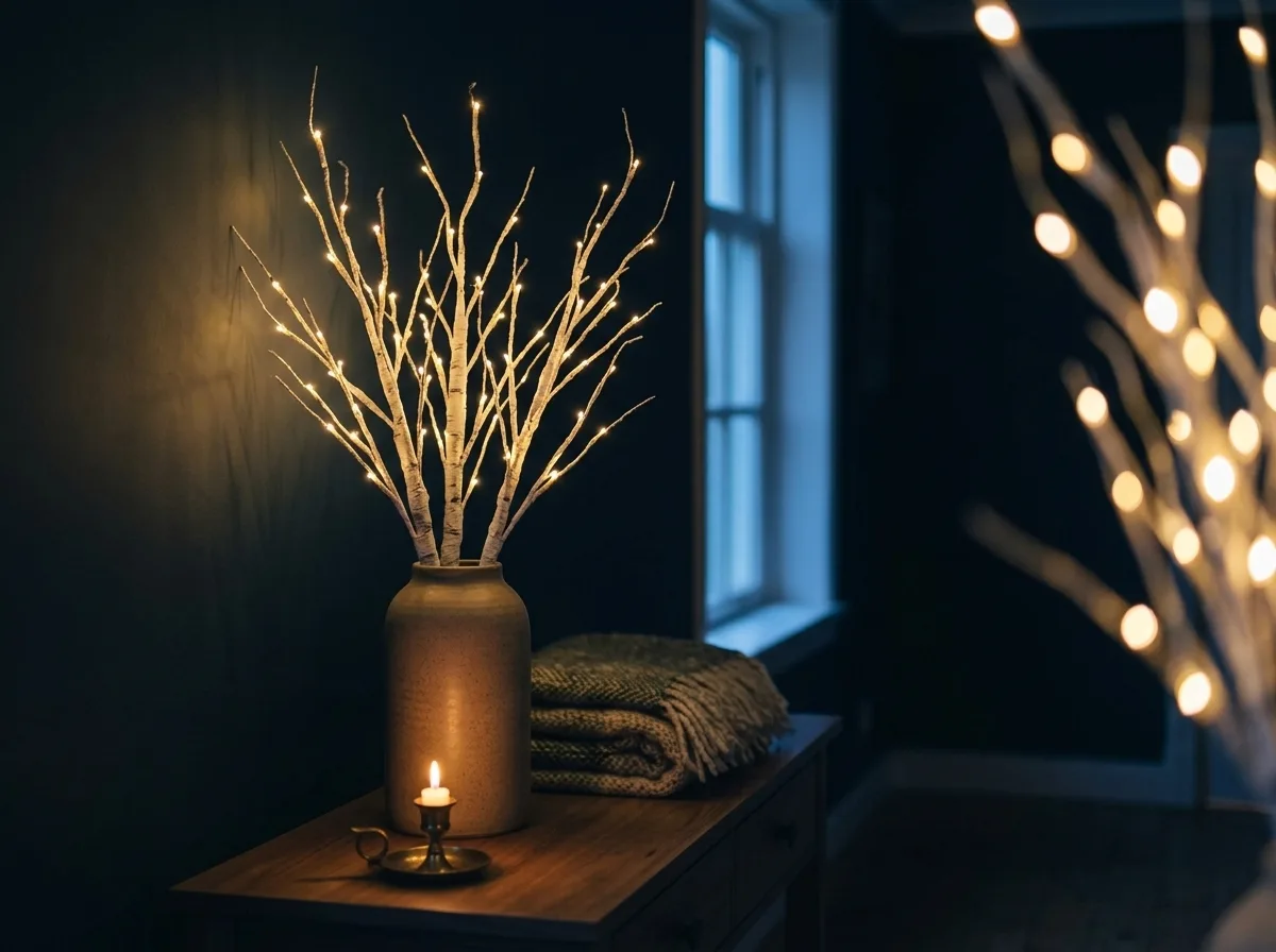 Lichtgevende witte berkentak in een vaas op een dressoir
