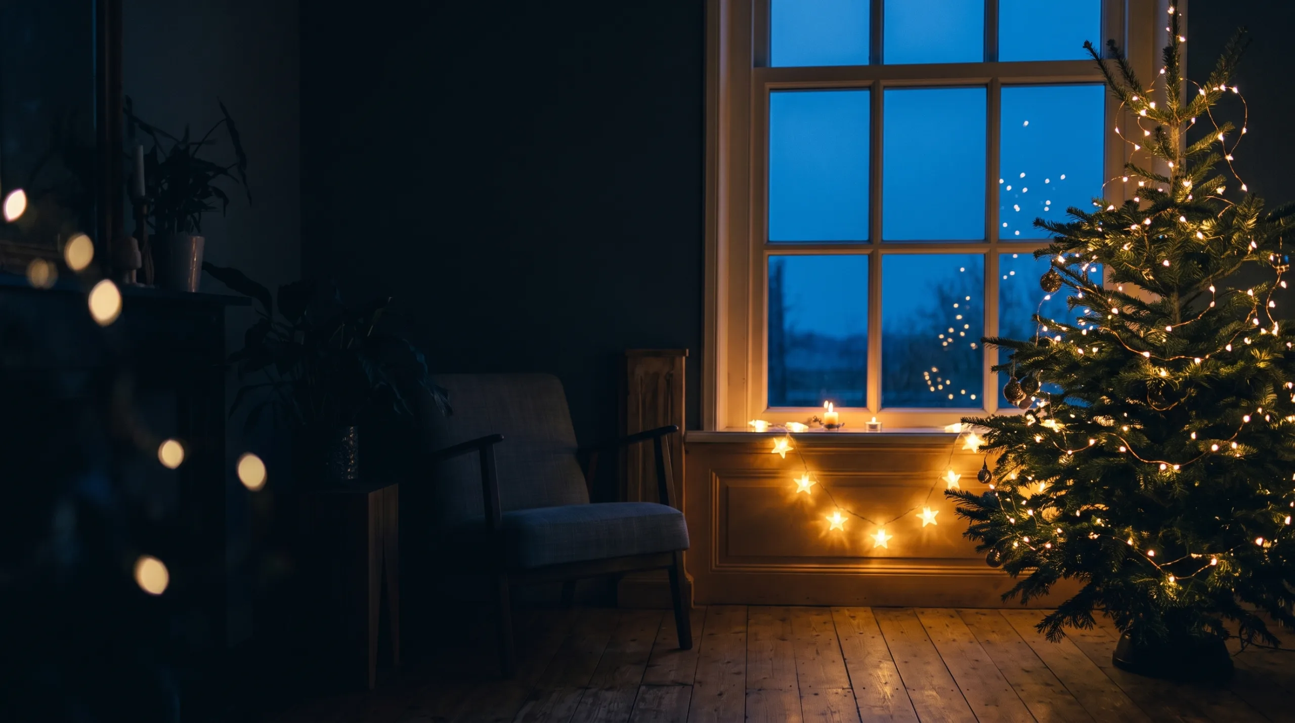 Sfeervolle woonkamer met verlichte kerstboom en sterrenslinger op de vensterbank